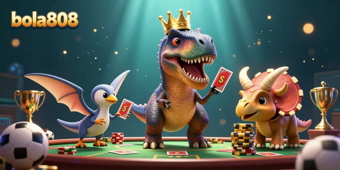 Engage with bola808 betting strategies featuring a T-Rex and friends in an exciting sports scene.