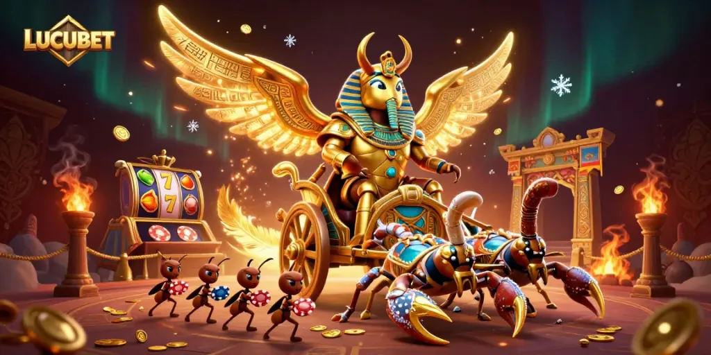 Engage with LUCUBET to explore dynamic casino games featuring a golden scarab theme.