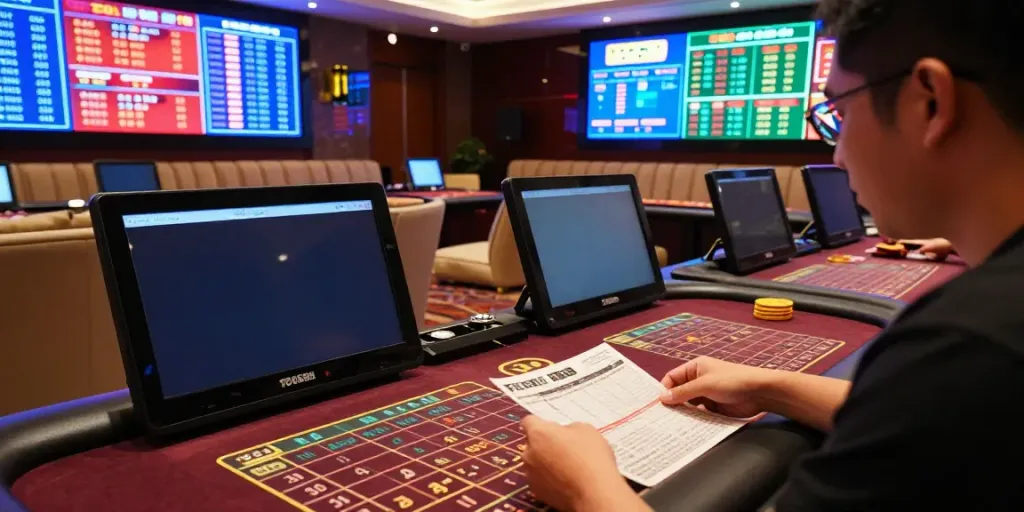 Pemain togel di lounge taruhan mewah memeriksa slip taruhan dan layar digital.