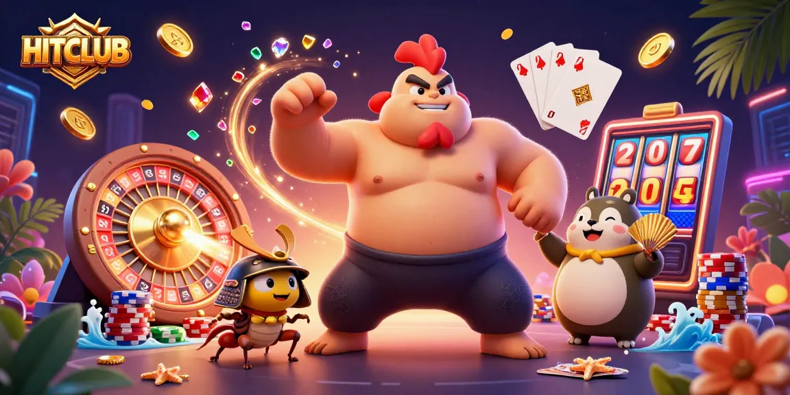 Unleash the excitement with HITCLUB's vibrant illustration showcasing slot machines and celebrated characters.