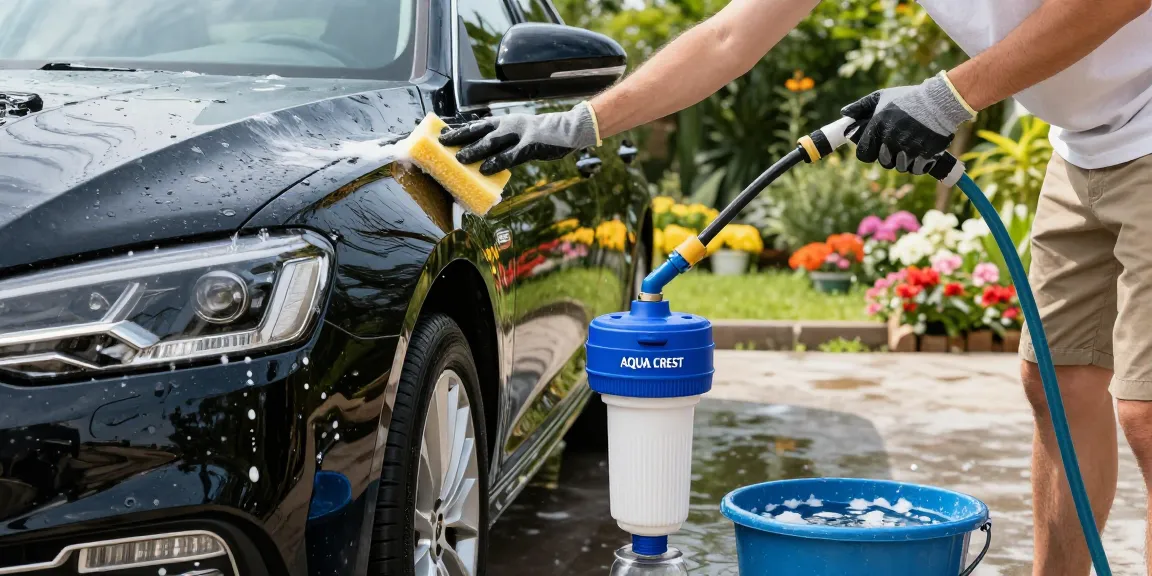 AQUA CREST Inline Water Filter, Dedicated for Car Washing used in an outdoor scene washing a black sedan