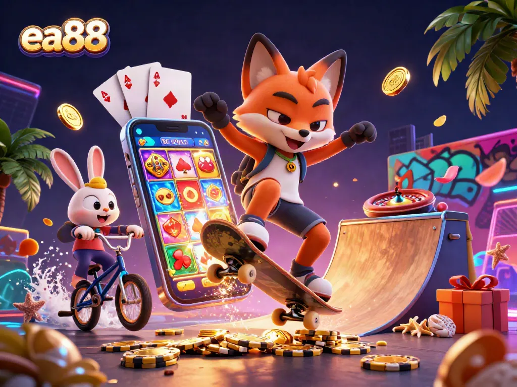 Experience winning thrills with ea88 as a fox kicks off over poker chips with a rabbit companion.