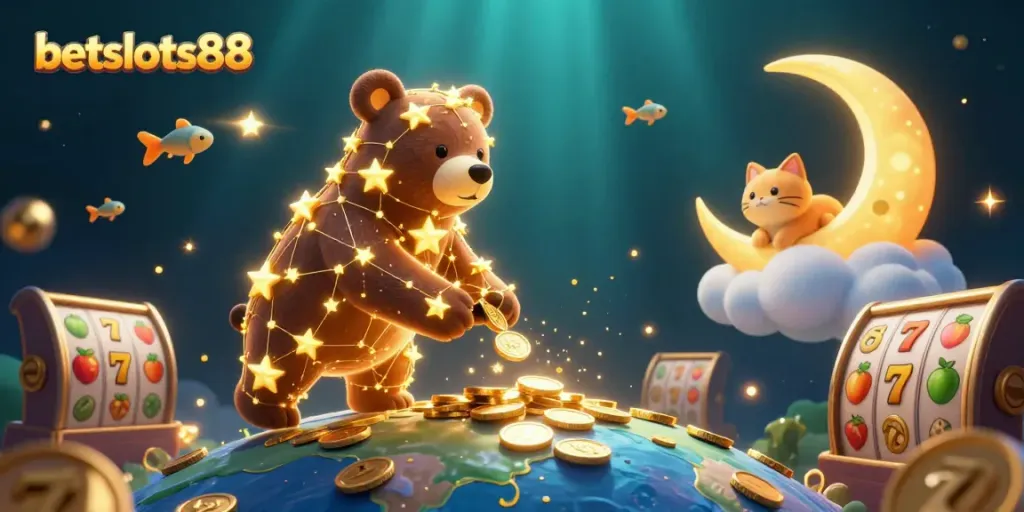 Memenangkan permainan di betslots88 dengan simbol keberuntungan dan bintang luar angkasa.
