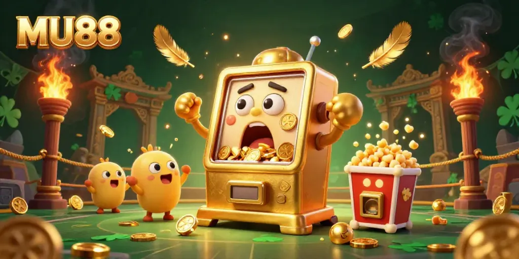 Join the excitement at MU88, where a golden slot machine hits the jackpot amidst cheering baby slots and golden surprises!