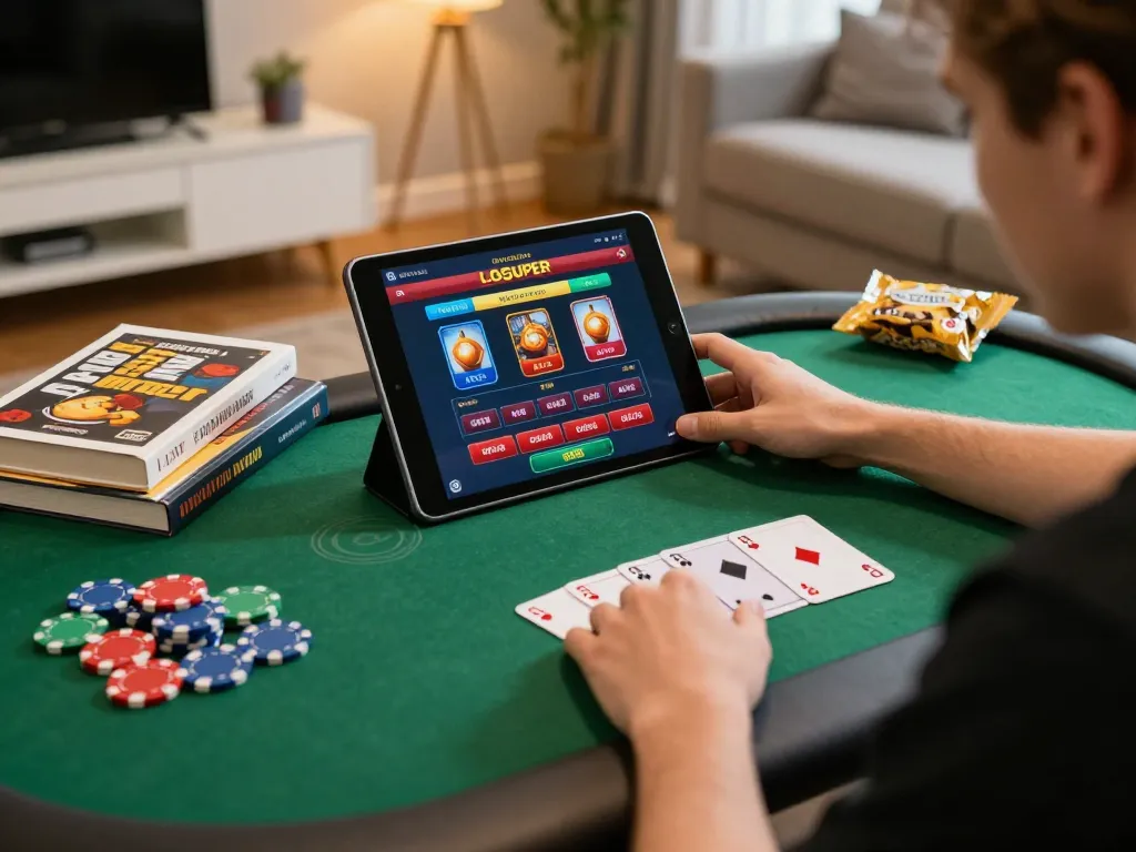 Engaged gamer exploring LGOSUPER's online casino interface with strategy books nearby.