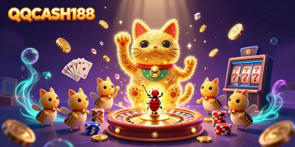 Experience the excitement of QQCASH188 with a whimsical casino-themed illustration featuring a giant lucky cat and vibrant symbols.