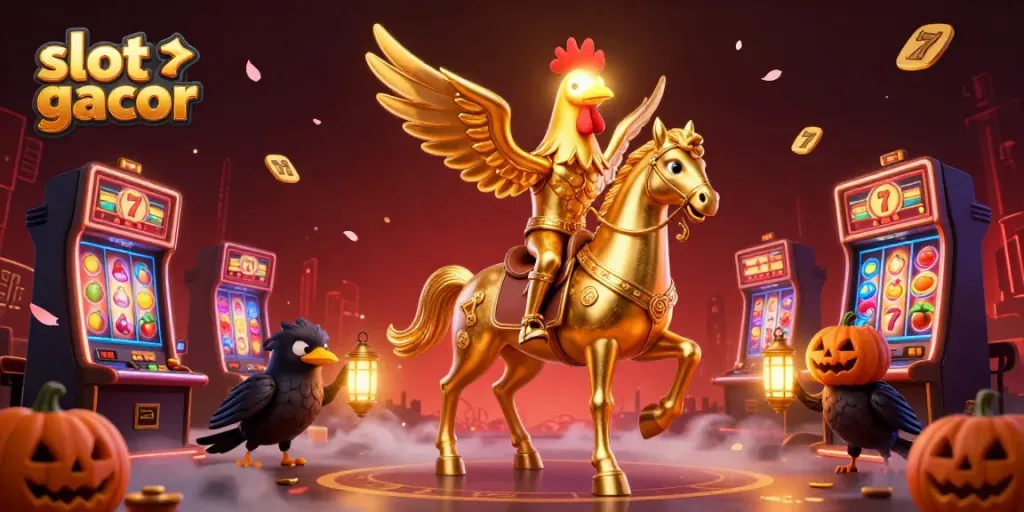 Experience slot gacor action with a vibrant casino scene featuring golden characters and colorful slot machines.