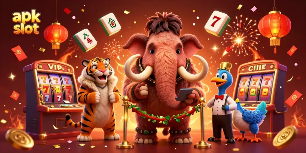 Menghadirkan apk slot dengan ilustrasi kasino, termasuk mamut, harimau saber-tooth, dan burung dodo, dikelilingi elemen spesial dan suasana meriah.
