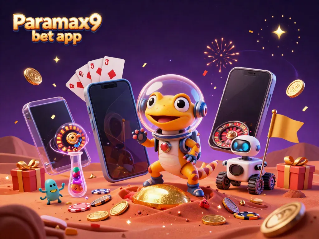 Experience thrilling gaming with the Paramax9 bet app featuring a Martian gecko uncovering a golden casino.