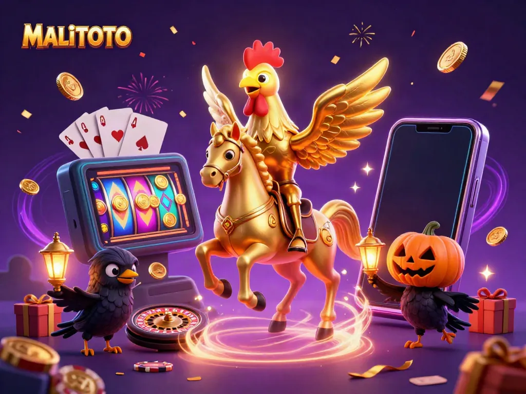 MALITOTO showcases golden rooster riding through a dynamic casino scene filled with exciting game elements.