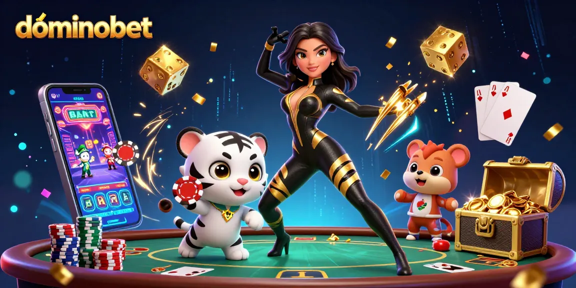 Engage in thrilling poker action with dominobet as a glamorous woman and baby tiger showcase excitement.