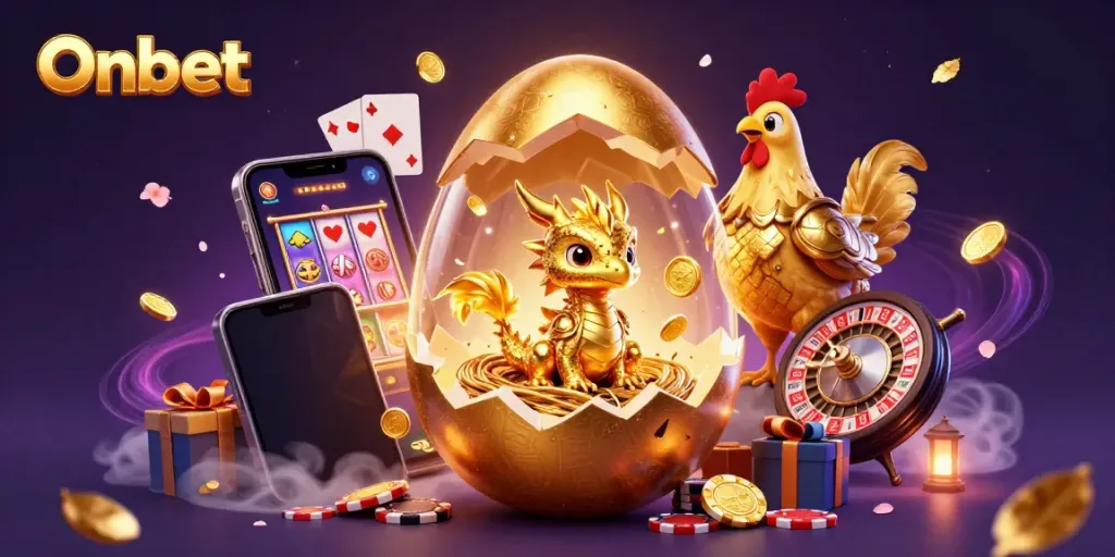 Experience thrilling gameplay at Onbet with a dazzling gold dragon and vibrant casino elements.