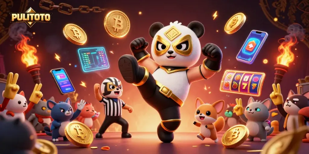 PULITOTO empowers players with vibrant casino action, featuring a panda wrestler and animated slot elements.