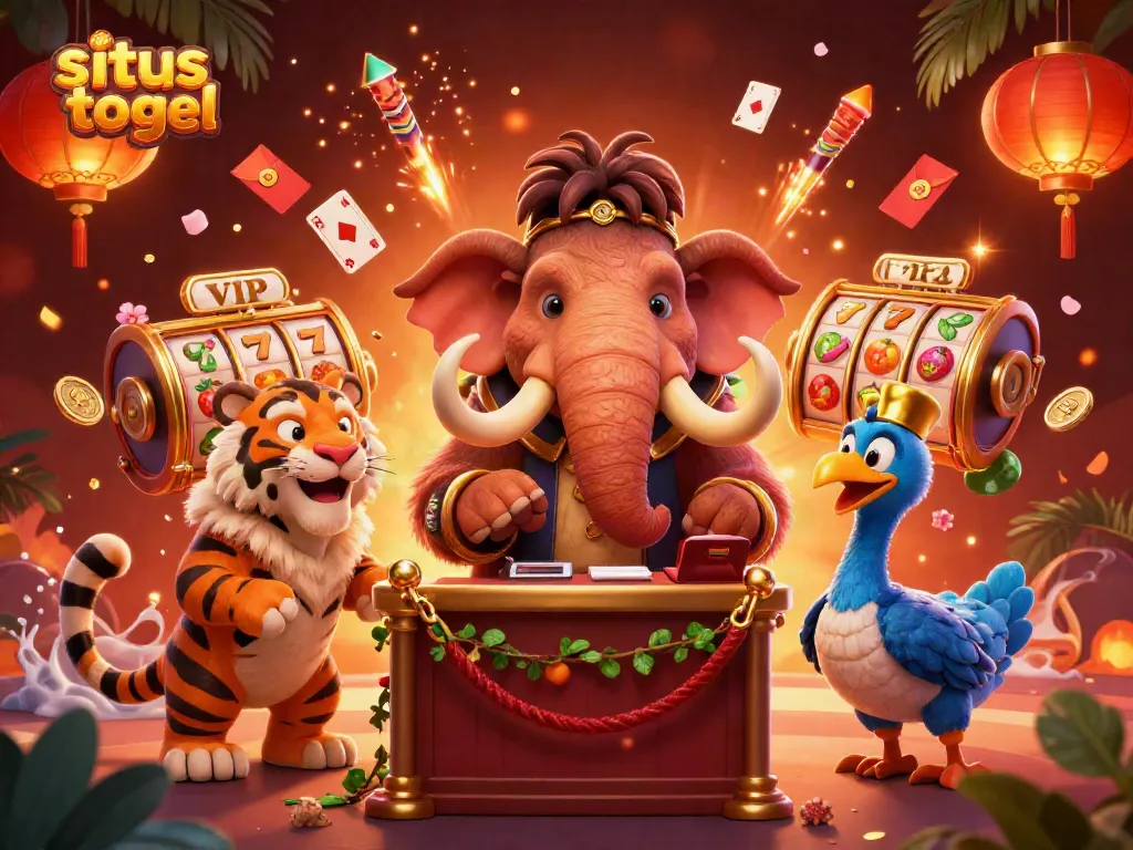 Experience the thrills of situs togel with a dynamic illustration of a mammoth bouncer, saber-tooth guest, and doorman.