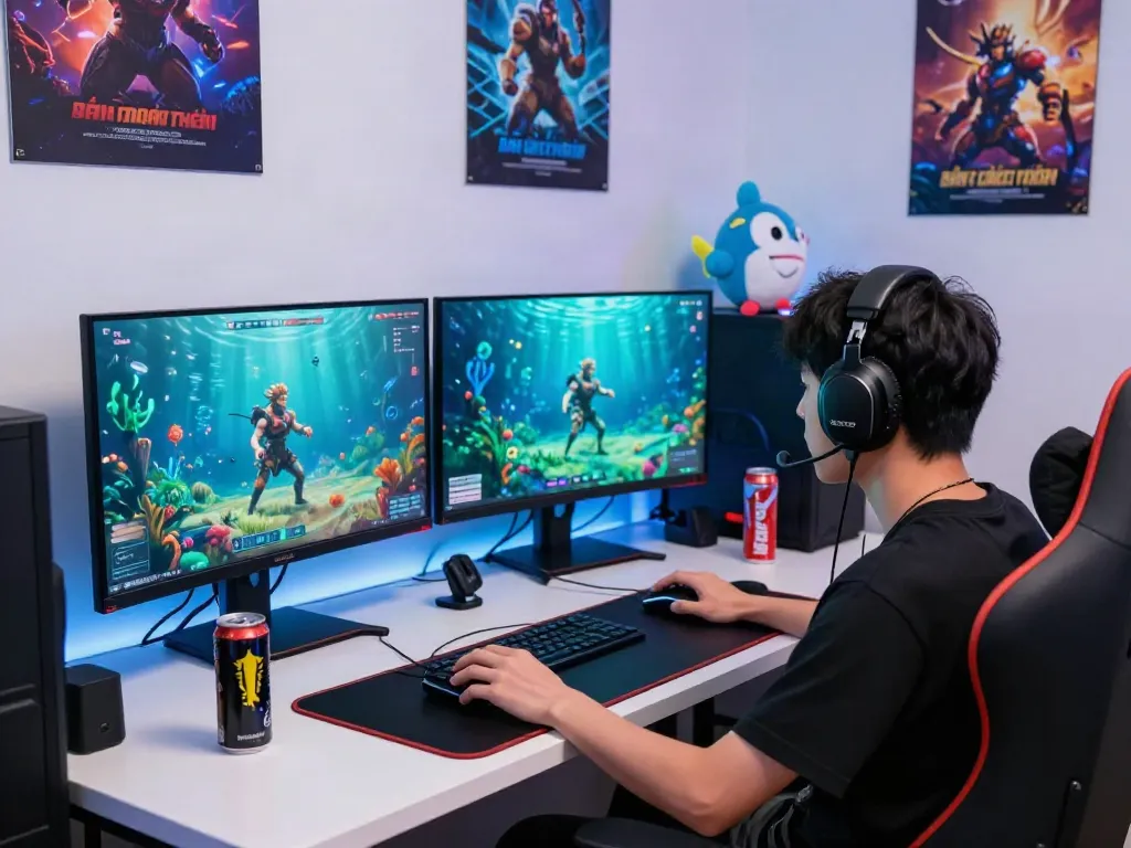 Engaging scene of gaming enthusiast playing lại là Bắn cá đổi thưởng at a modern setup, illustrating vibrant underwater graphics.