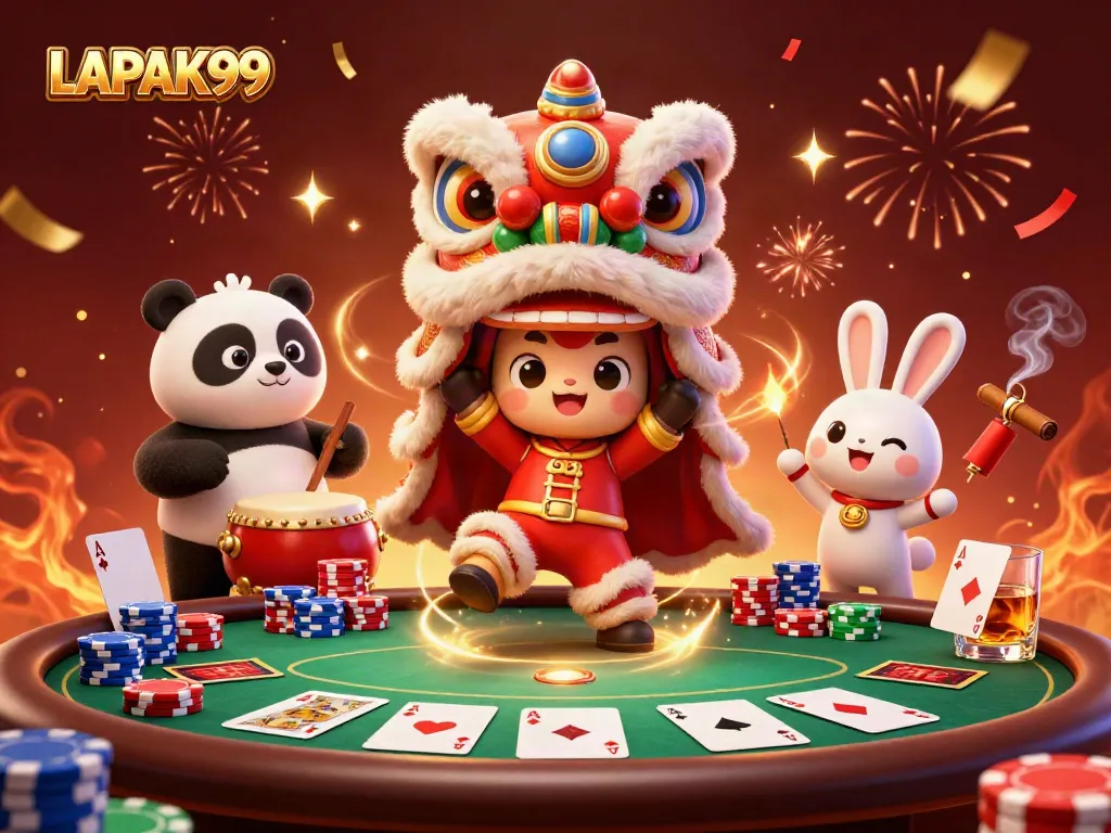 Experience thrilling gameplay at LAPAK99 with a vibrant illustrated scene of lucky slots and festive characters.