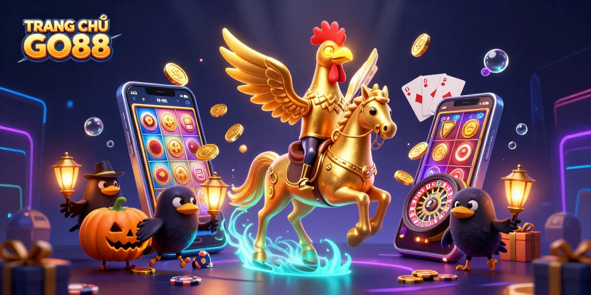 Experience the vibrant TRANG CHỦ GO88 casino with golden rooster and surreal elements in this dynamic scene.