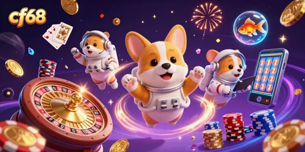 Engage with cf68's exciting casino gaming experience in a vibrant, cosmic illustration.