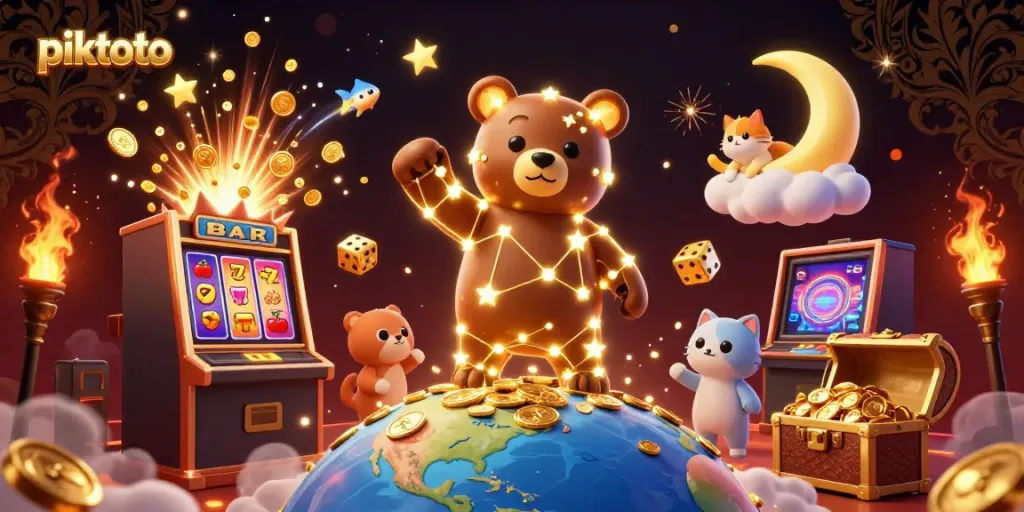 Experience the excitement of piktoto with a vibrant 3D scene of gaming magic and winning symbols.