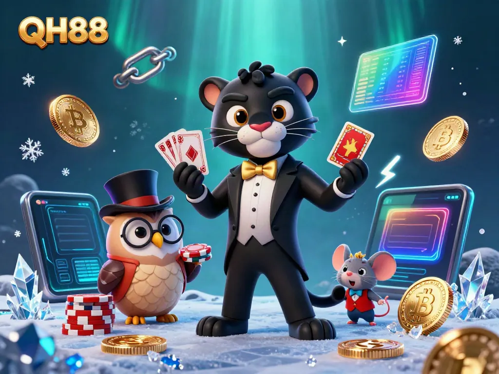 Engage in thrilling gameplay with QH88 in a vibrant 3D illustration showcasing elegant characters and crypto elements.