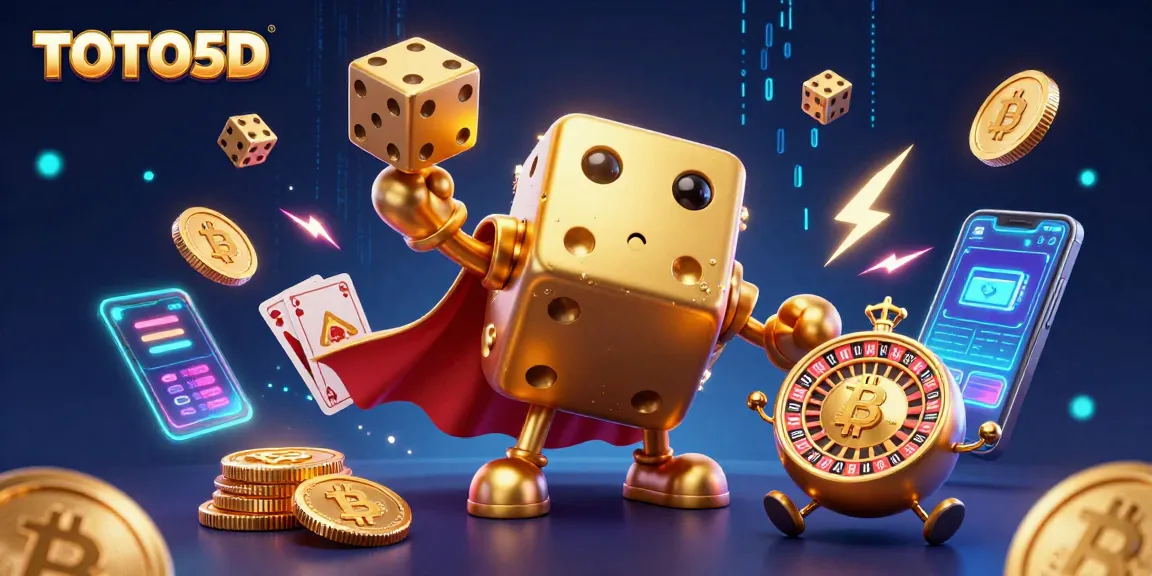 TOTO5D menghadirkan ilustrasi golem dadu emas dan elemen crypto dalam permainan kasino yang menawan.