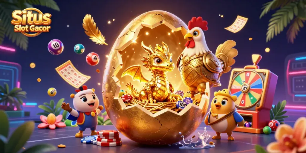 Situs Slot Gacor menghadirkan ilustrasi 3D yang kaya detail, menampilkan naga emas dan elemen permainan judi.