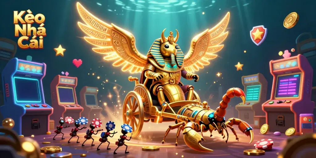 Kèo Nhà Cái showcases a vibrant 3D casino scene filled with cartoon characters enjoying gaming elements and visual excitement.