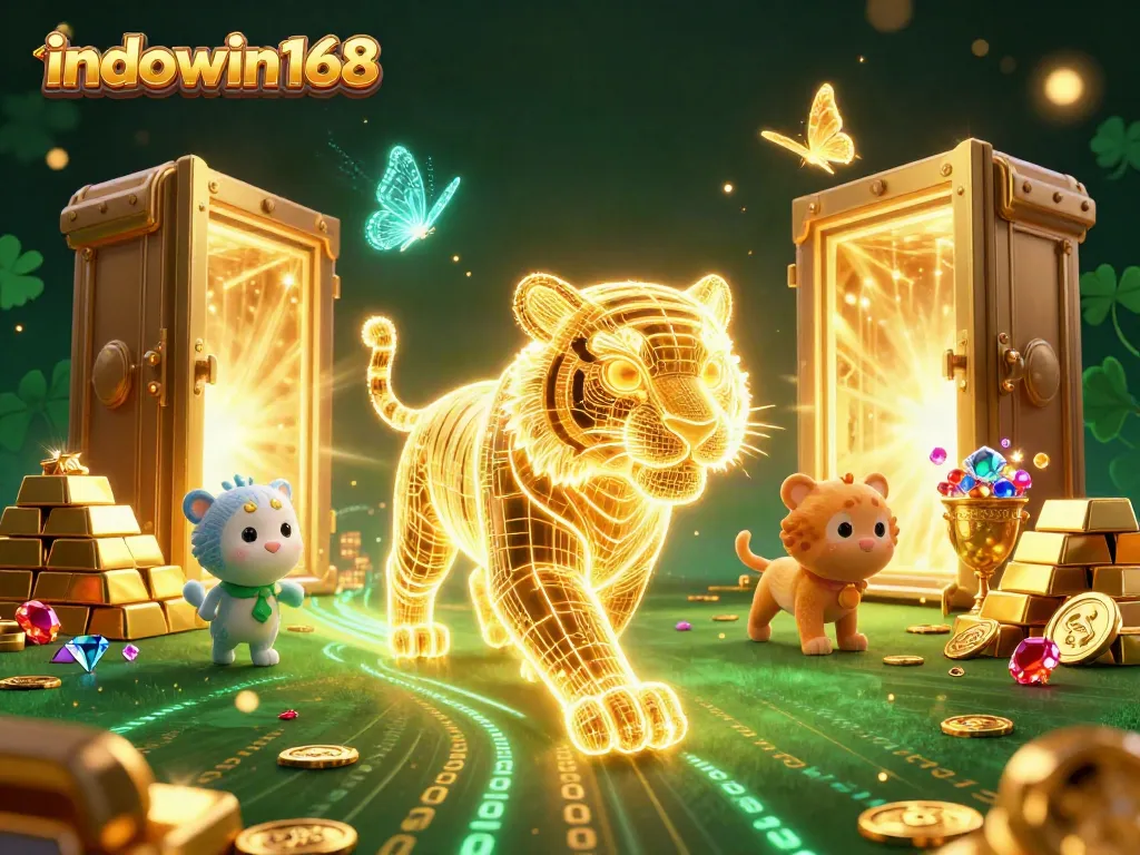 Engage with indowin168's thrilling gameplay in a dazzling digital casino scene filled with treasures.