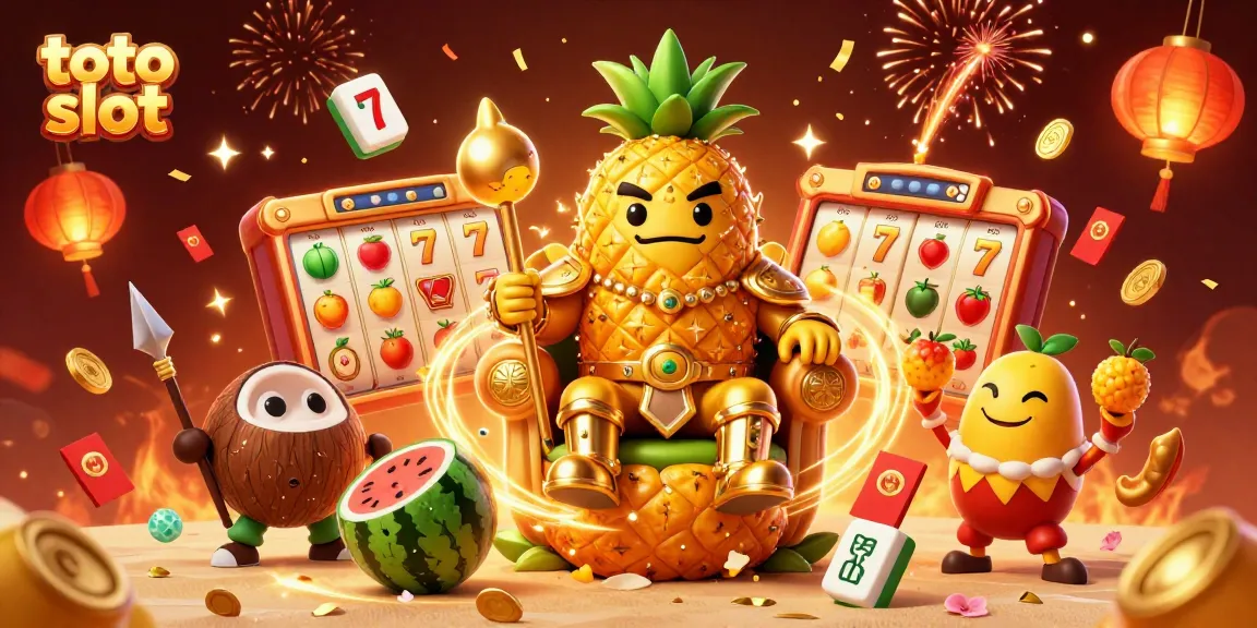 Bermain toto slot dengan karakter raja nanas emas dan elemen kasino yang meriah.