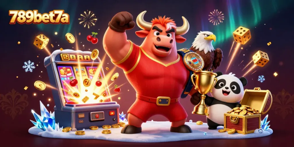 Experience the thrill of 789bet7a with a lively cartoon scene featuring casino icons and characters.