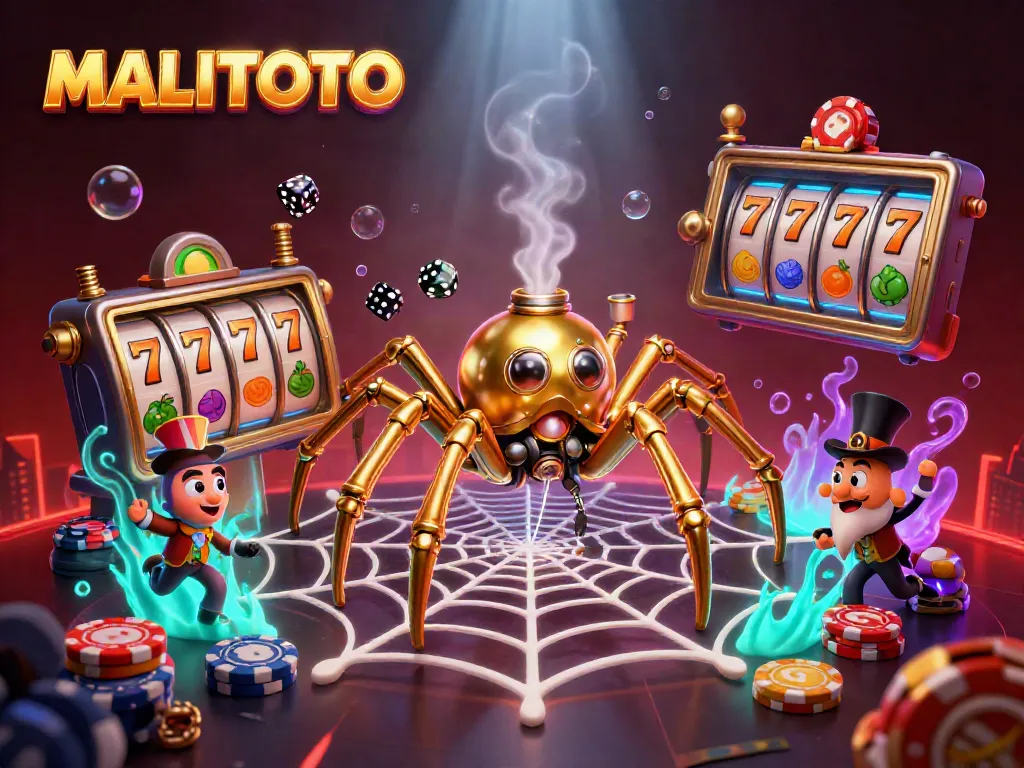 Catch jackpot excitement with MALITOTO's vibrant steampunk spider web design in this casino-themed illustration.