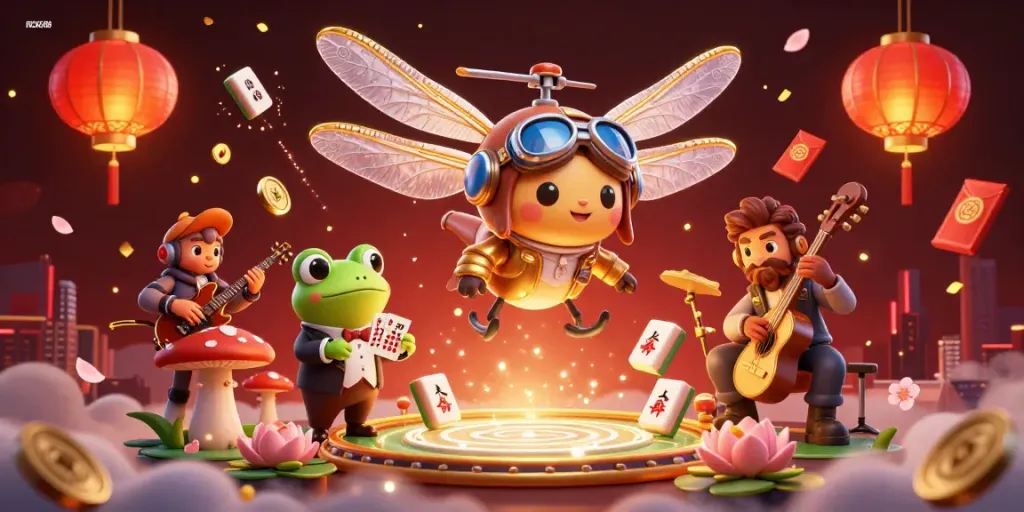 Experience the excitement of IDCASH88 as a dragonfly pilot hovers over a lively lily pad casino scene.