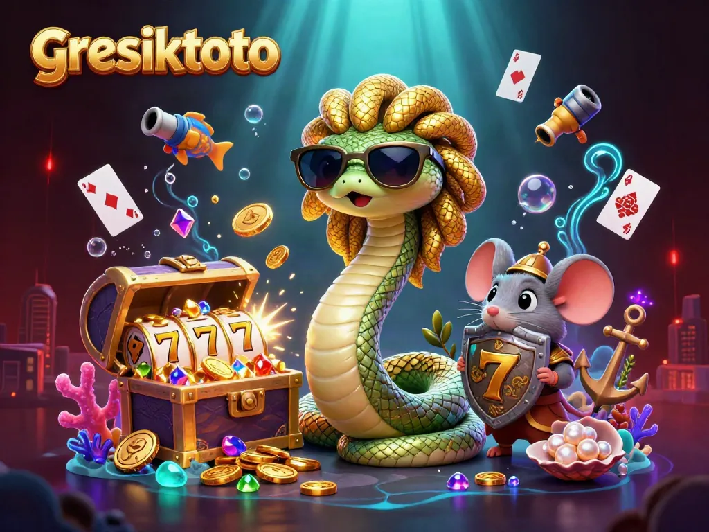 Experience gaming excitement with the gresiktoto's vibrant scene filled with lucky symbols and treasures.