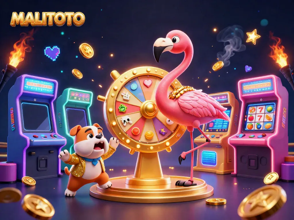 Engage with MALITOTO's vibrant casino world featuring a flamingo host, bulldog contestant, and prize wheel.