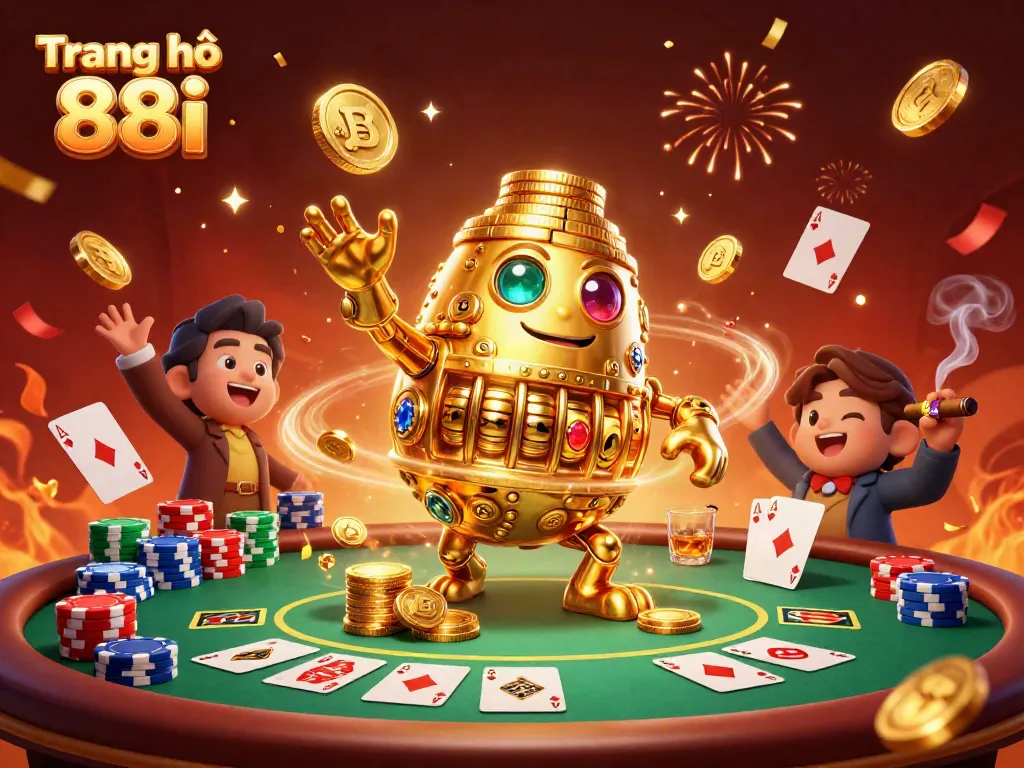 Engage in thrilling casino action at Trang chủ 88i with a golden golem surrounded by poker elements.