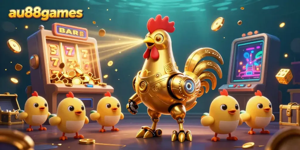 Experience thrilling games at au88games with an exciting illustration featuring a golden rooster robot, vibrant slots, and dazzling treasures.