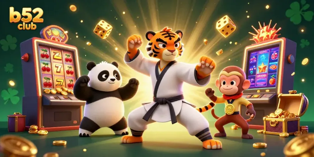 B52 Club showcases exciting casino with a kung fu tiger master, panda, and monkey among jackpot elements.