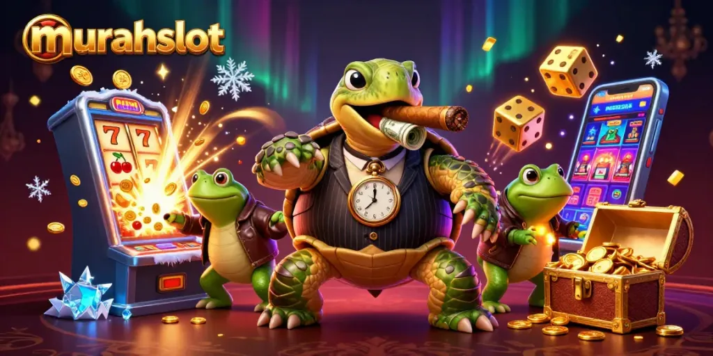 Experience the excitement of murahslot with a dynamic casino-themed scene featuring jackpot slots and vibrant characters.