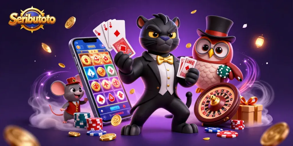 Seributoto cartoon scene with a stylish panther, owl, and mouse gambling at an online casino.