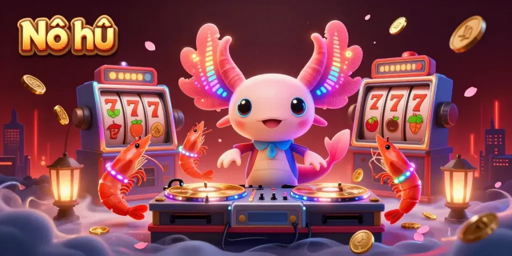 Nổ hũ scene with axolotl DJ and shrimp dancers celebrating jackpot wins at an underwater casino.