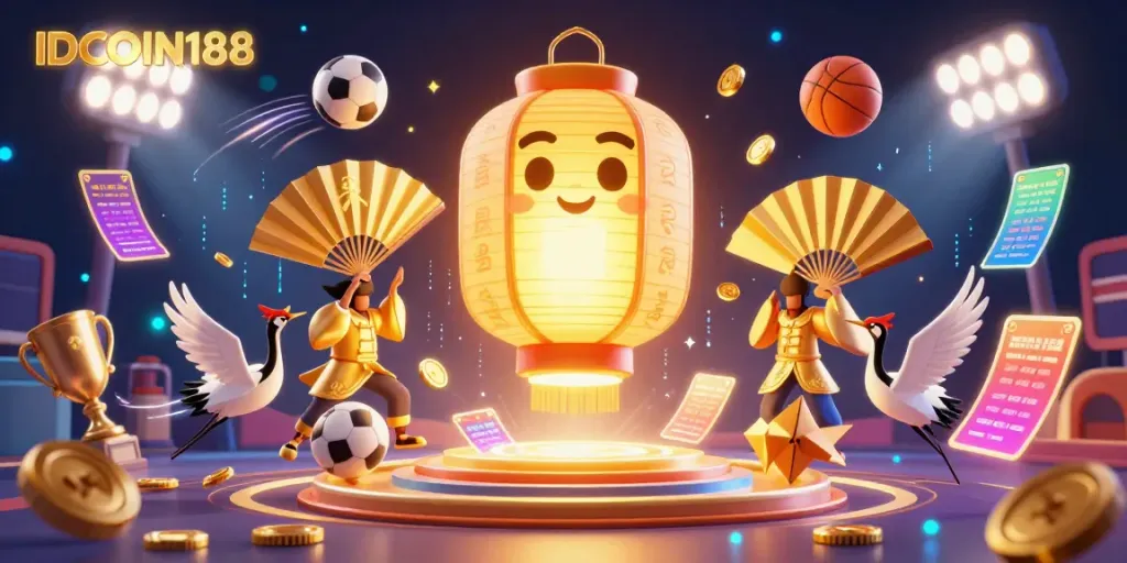 Engage with IDCOIN188 in a vibrant online casino scene showcasing golden lanterns, sports symbols, and dynamic gameplay elements.