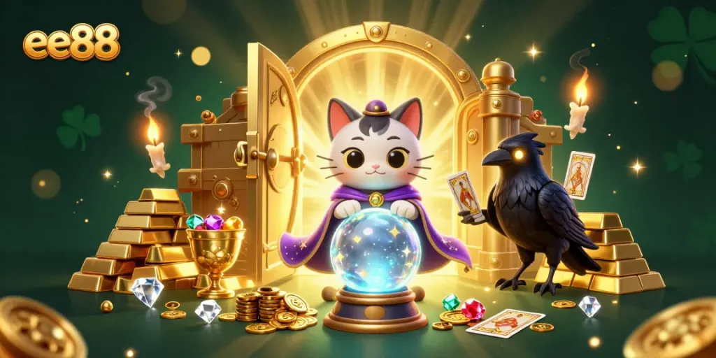 Experience ee88 magic with fortune teller cat, raven, and gold treasures in 3D.