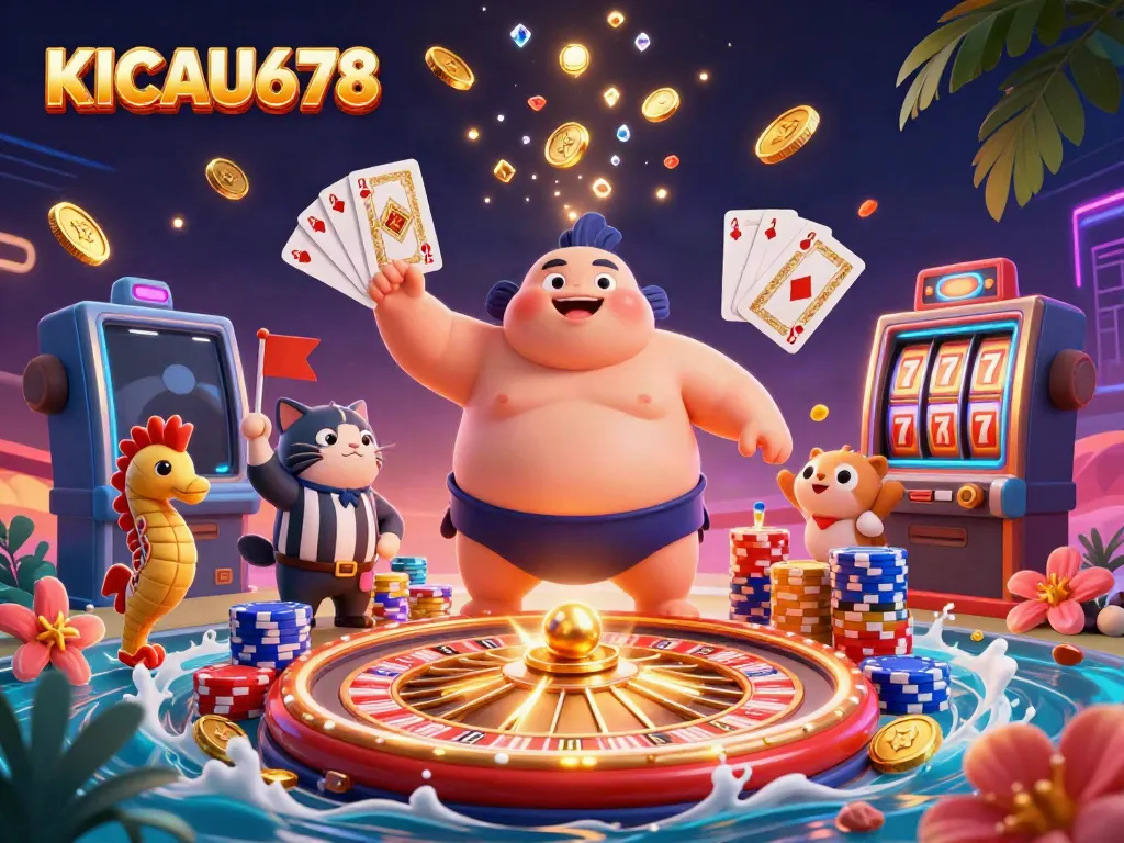 Experience the excitement of KICAU678 with a lively underwater casino scene featuring a fugu champion and a wise catfish.