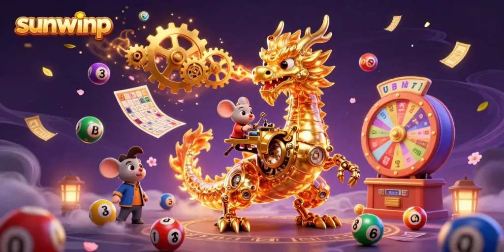 Experience thrilling gameplay with sunwinp's vibrant casino elements featuring a golden dragon, lottery balls, and prizes.
