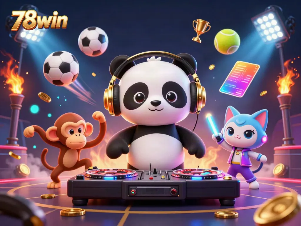 Experience the thrills of 78win with vibrant action from DJ panda and friends in this lively casino scene.