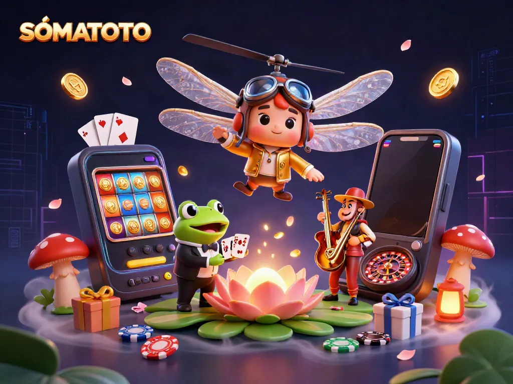 SOMATOTO showcases a lively casino scene with a frog dealer and a dragonfly pilot amidst vibrant gaming elements.
