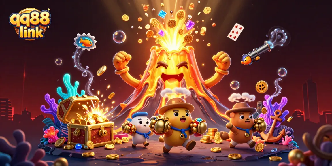 Experience the thrill of the qq88 link casino with this vibrant treasure-themed illustration bursting with animated excitement.