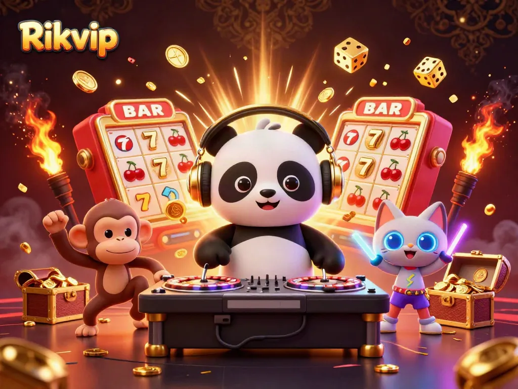 Experience the thrilling world of Rikvip with a DJ panda, dancing monkey, and glow-stick kitten in a vibrant casino scene.