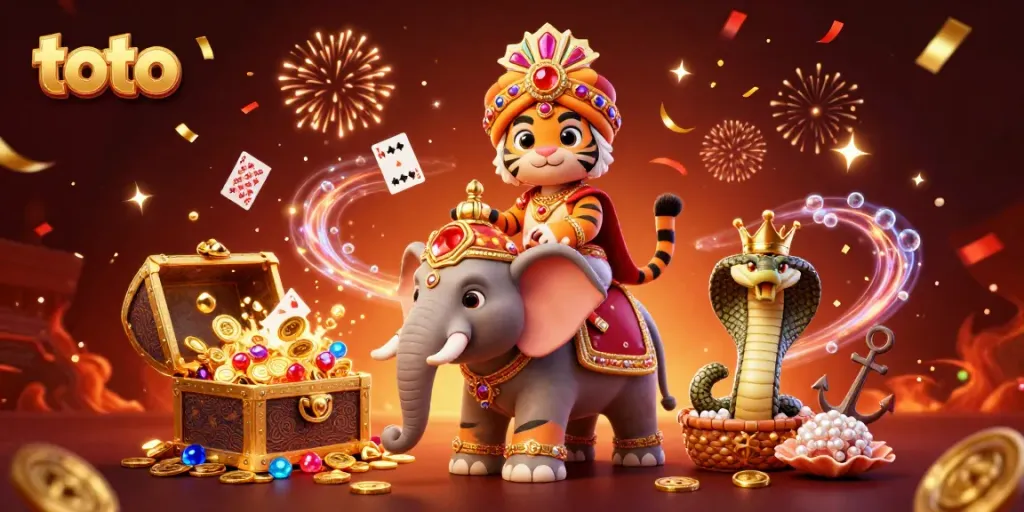 Join the excitement of toto gaming with a vibrant illustration featuring an ornamental maharaja, jewel-encrusted elephant, and golden treasures.