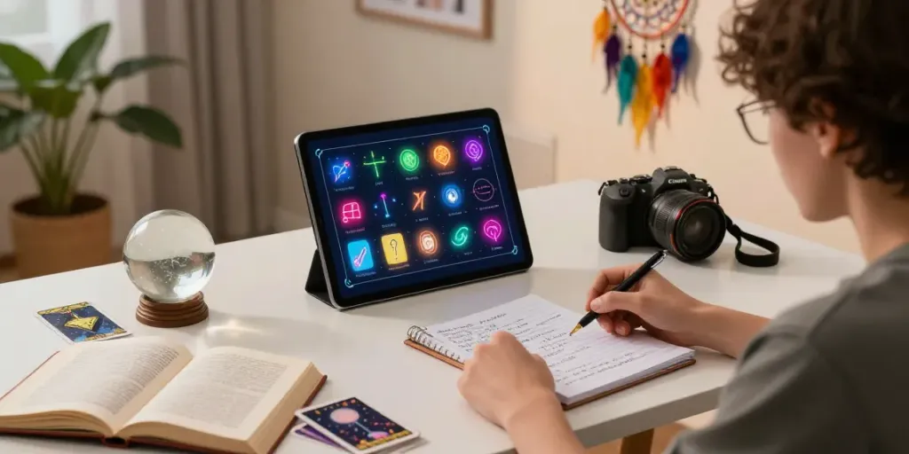Workspace untuk interpretasi mimpi dengan bukumimpi138 sebagai fokus, seseorang menganalisis simbol mimpi di laptop.